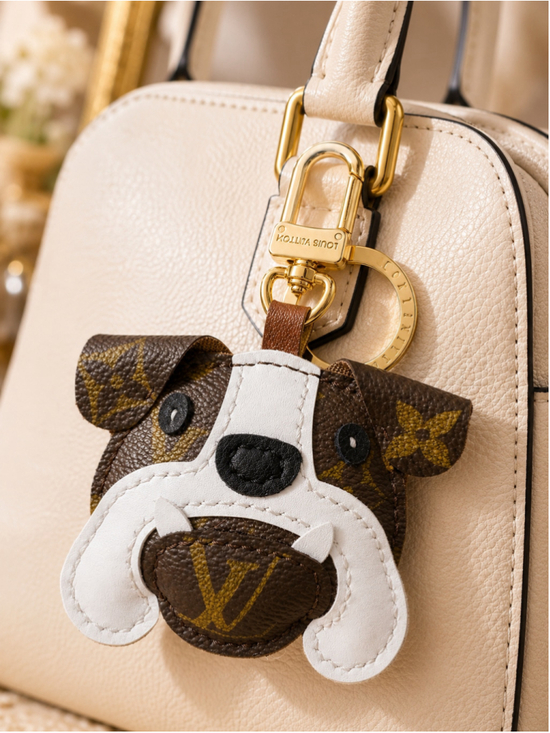 Handmade Accessories - Handmade Bulldog Bag Charm Keychain | Upcycled Authentic Canvas | Gold Hardware